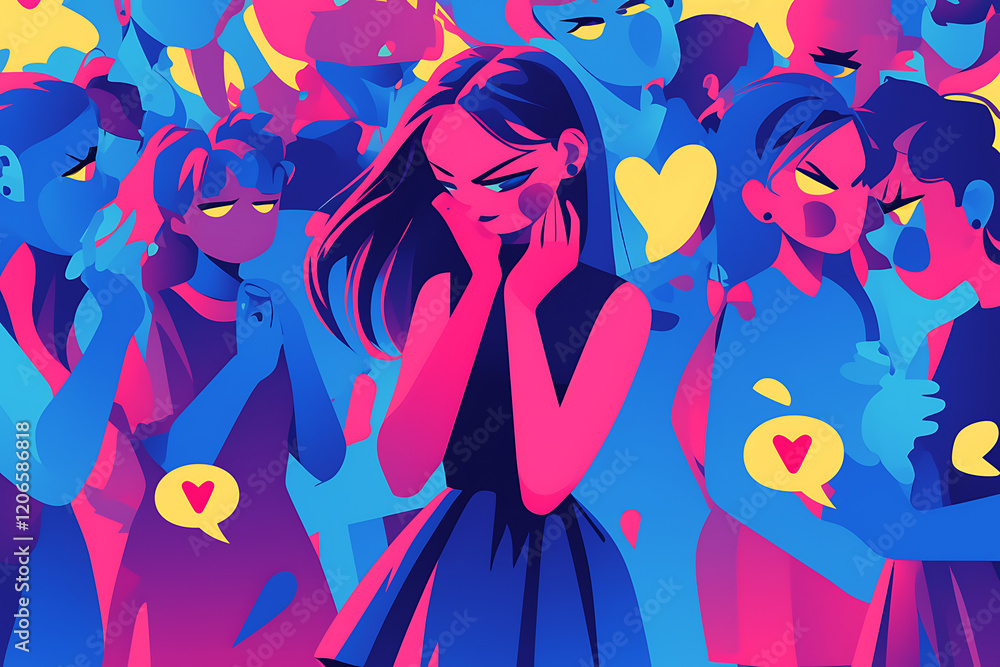 Colorful illustration of a woman expressing sadness amidst a crowd of vibrant, abstract figures showing various emotions Colorful illustration of a woman expressing sadness amidst a crowd of vibrant, abstract figures showing various emotions