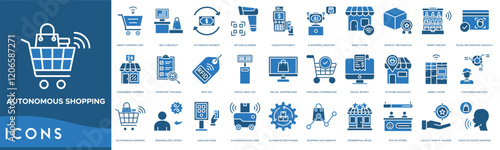 Autonomous Shopping icon. Smart Shopping Cart, Self Checkout, Automated Payment, QR Code Scanner and Cashless Payment
