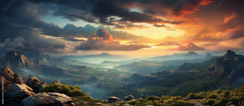 Obraz premium Mountainous landscape at sunset, Panoramic view of the mountain valley at sunset. Beauty of nature