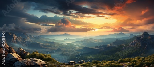 Mountainous landscape at sunset, Panoramic view of the mountain valley at sunset. Beauty of nature