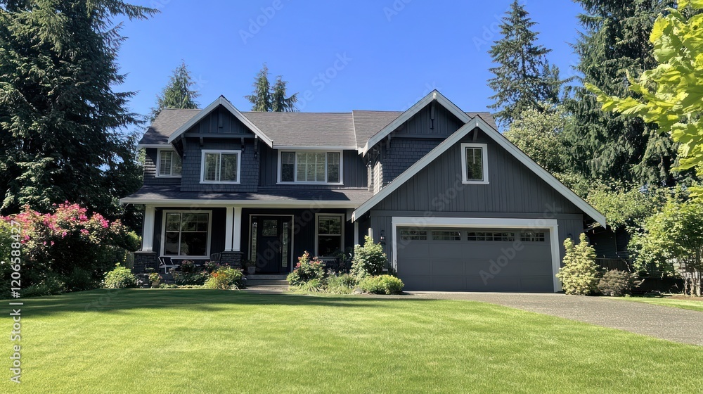Gray Two-Story House with Green Lawn Gray Two-Story House with Green Lawn