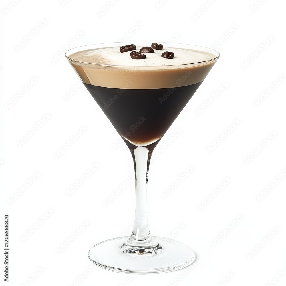 A rich Espresso Martini with a frothy crema and coffee beans on top, served in a chilled martini glass, the dark liquid contrasting sharply A rich Espresso Martini with a frothy crema and coffee beans on top, served in a chilled martini glass, the dark liquid contrasting sharply