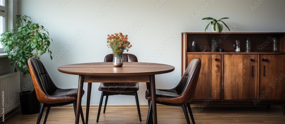 Minimalist Mid-Century Dining Space, Interior of modern living room with wooden furniture and vase of flowers, Minimalist Mid-Century Dining Space Minimalist Mid-Century Dining Space, Interior of modern living room with wooden furniture and vase of flowers, Minimalist Mid-Century Dining Space