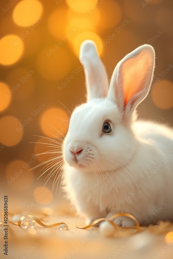 Fototapeta premium Adorable white bunny rabbit sitting against a bokeh background.
