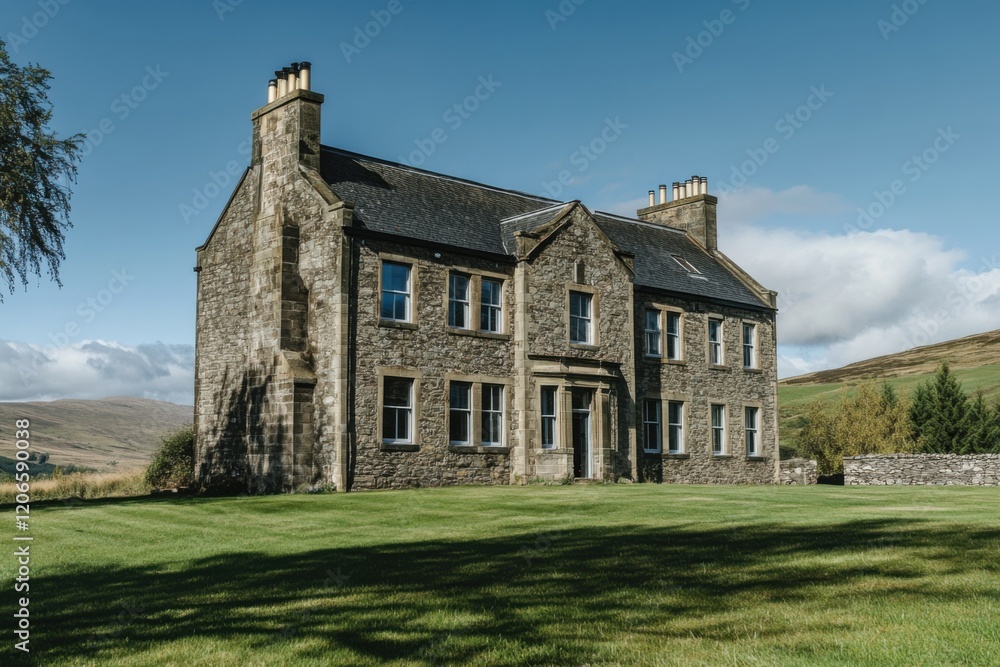 A charming classic stone house is beautifully situated against a picturesque landscape featuring rolling hills and a vibrant blue sky in a serene rural area A charming classic stone house is beautifully situated against a picturesque landscape featuring rolling hills and a vibrant blue sky in a serene rural area