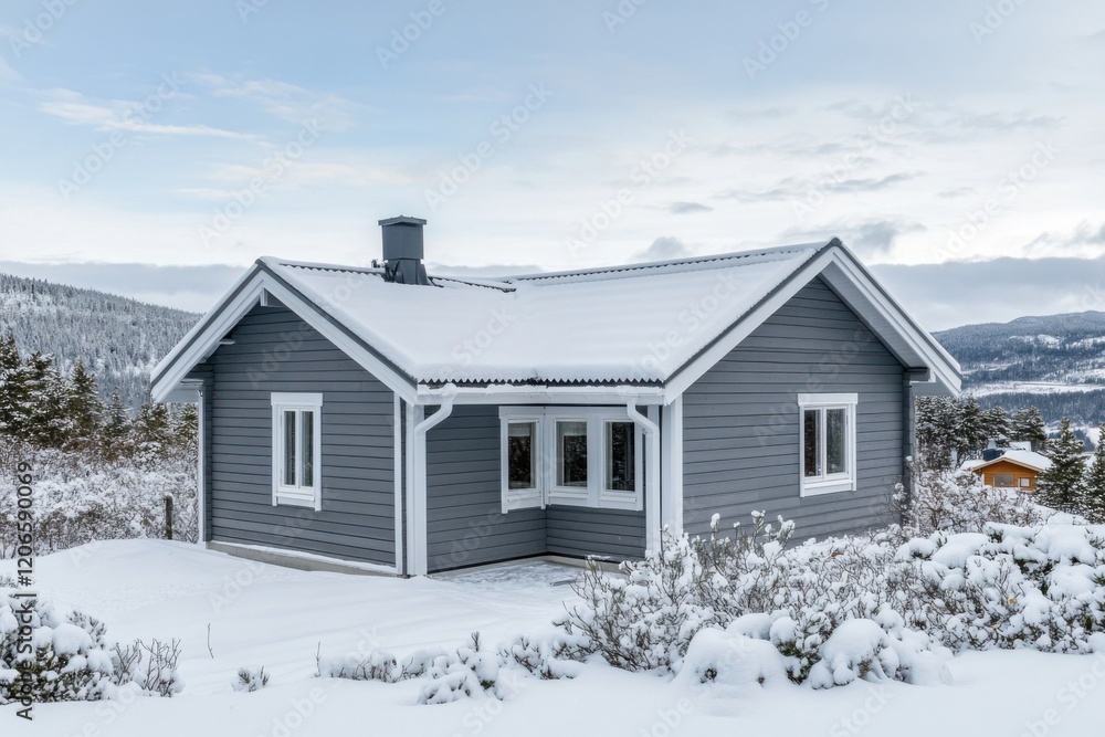 Cozy wooden cabin in a snowy landscape with trees and hills during winter, surrounded by untouched nature and a clear sky Cozy wooden cabin in a snowy landscape with trees and hills during winter, surrounded by untouched nature and a clear sky