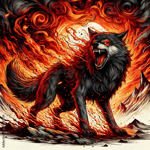 Angry wolf tshirt design. Angry wolf poster illustration. an angry wolf growling in front of a fiery background with ashes swirling in the air