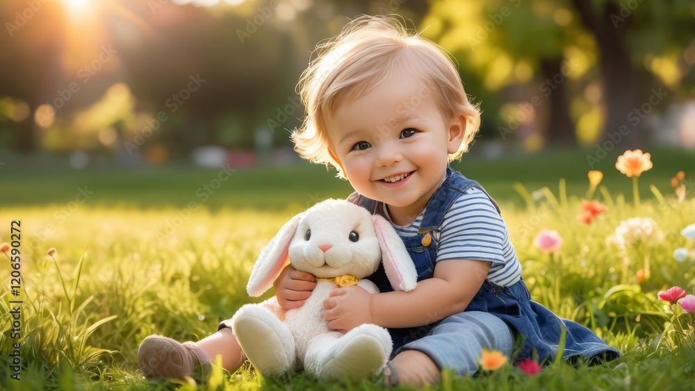 Smiling toddler holding stuffed bunny in sunny garden Smiling toddler holding stuffed bunny in sunny garden