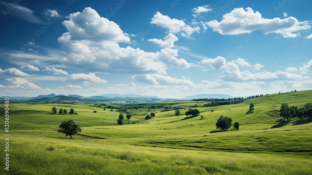 Tuscany landscape with green meadow and blue sky with clouds, Lush Green Rolling Hills Tuscany landscape with green meadow and blue sky with clouds, Lush Green Rolling Hills