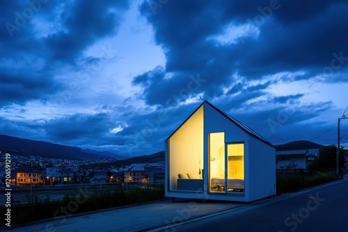 A contemporary minimalist home stands elegantly as twilight falls  showcasing its beautifully illuminated interior amidst a serene residential neighborhood nestled among rolling hills
