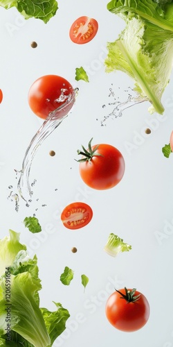 Fresh tomatoes and lettuce splash into the air, capturing the essence of vibrant, healthy ingredients in a playful, dynamic composition.