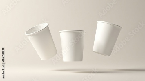 Three blank white paper cups levitating against a neutral backdrop, showcasing a clean and simple design for branding or presentation purposes.