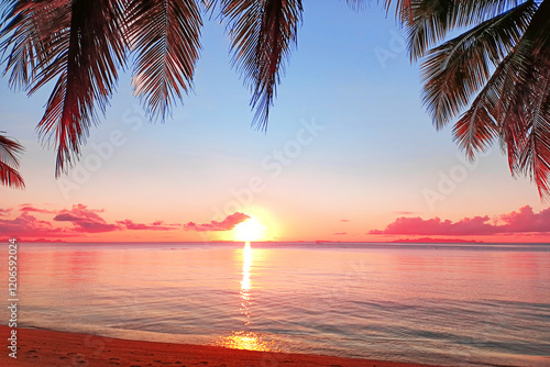 Sunrise sea beach, sunset tropical island, beautiful dawn ocean landscape, palm tree leaves, sun reflection, blue water, yellow, red, pink, orange, purple sky clouds, summer holidays, vacation, travel