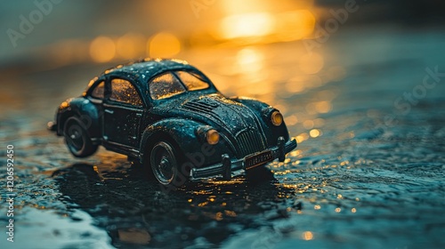 Closeup of a Miniature Toy Car Capturing Reflections in a Dramatic Scene