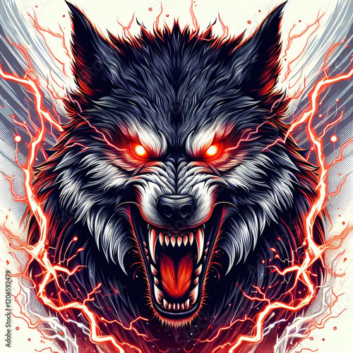 Angry wolf tshirt design. Angry wolf poster illustration. an angry wolf snarling with glowing red eyes and lightning striking in the background