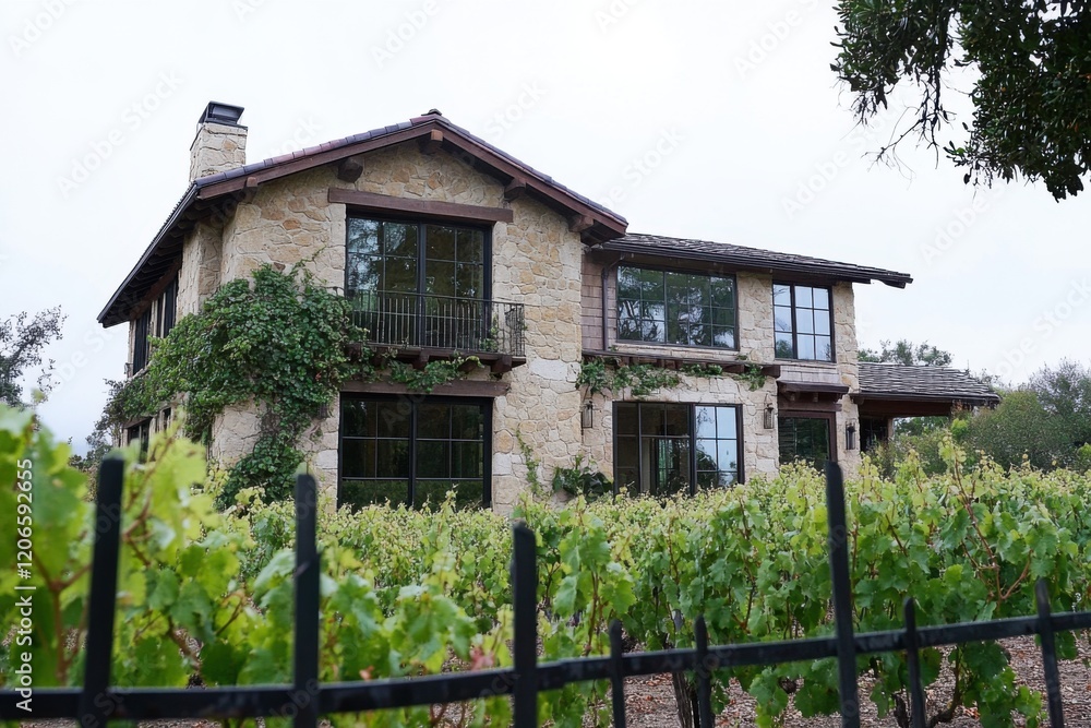 Discover a captivating vineyard estate enveloped by vibrant greenery, nestled in a serene countryside, close to a renowned wine region Discover a captivating vineyard estate enveloped by vibrant greenery, nestled in a serene countryside, close to a renowned wine region