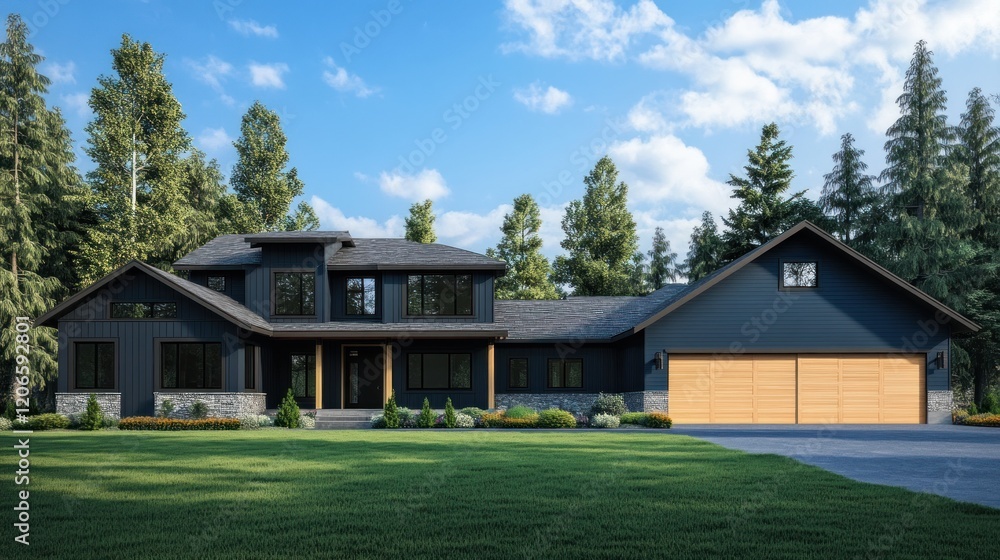 Modern House with Wooden Garage Doors Modern House with Wooden Garage Doors