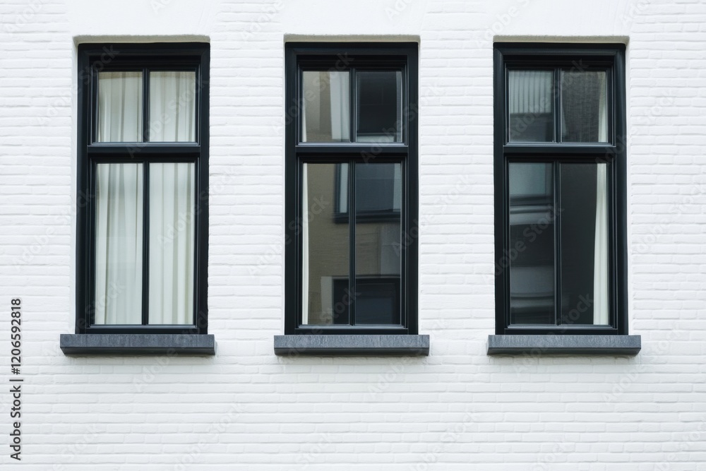 Fototapeta premium Elegant architecture showcasing three modern windows with black frames and sheer curtains against a smooth white brick wall