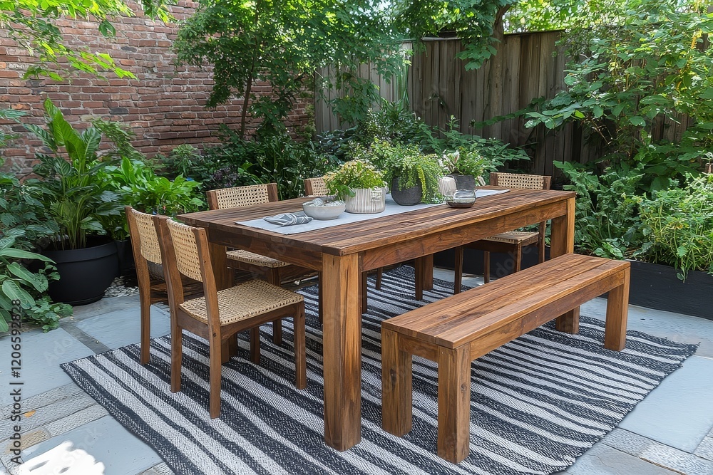 Fototapeta premium Solid wood outdoor dining set with rectangular table, two leaves, three chairs, and bench, featuring acacia wood and black and white striped rug.