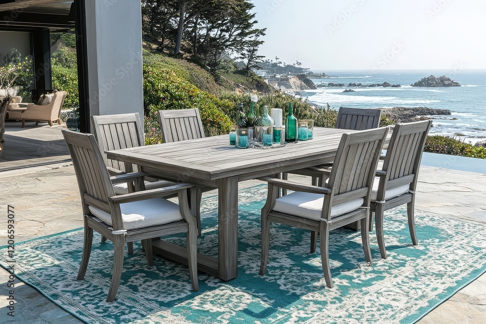 Outdoor dining set with rectangular table and six chairs, crafted from wood with weathered gray finish, placed on blue-green and white area rug, beach view backdrop. Outdoor dining set with rectangular table and six chairs, crafted from wood with weathered gray finish, placed on blue-green and white area rug, beach view backdrop.