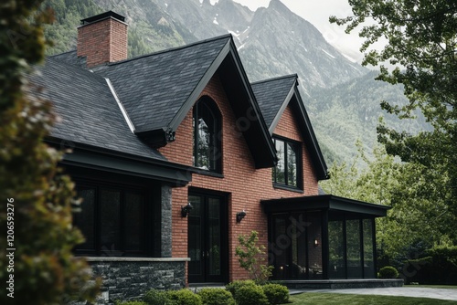Wallpaper Mural Newly constructed brick house nestled in mountains with lush trees in the foreground, showcasing modern architecture with large windows and a cozy porch during the early evening Torontodigital.ca