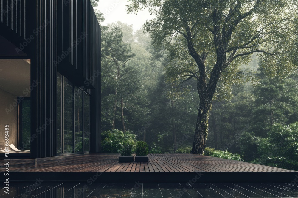 Modern cabin in a forest setting showcasing sleek design and natural surroundings during a misty morning, blending architecture with nature's tranquility Modern cabin in a forest setting showcasing sleek design and natural surroundings during a misty morning, blending architecture with nature's tranquility