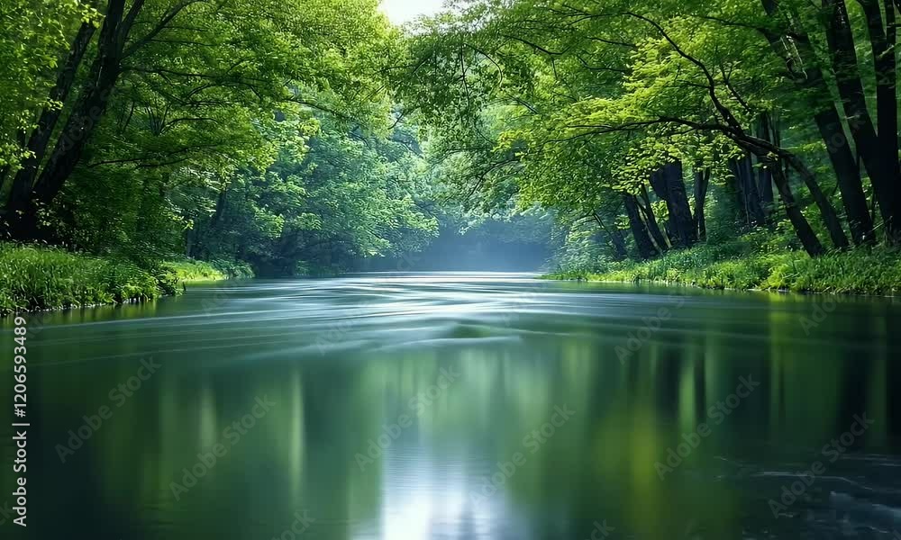 Serene river flowing through lush green forest Serene river flowing through lush green forest