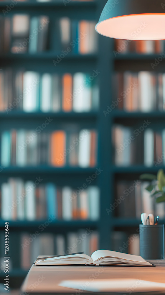Fototapeta premium Open Notebook on Desk with Bookcase Background