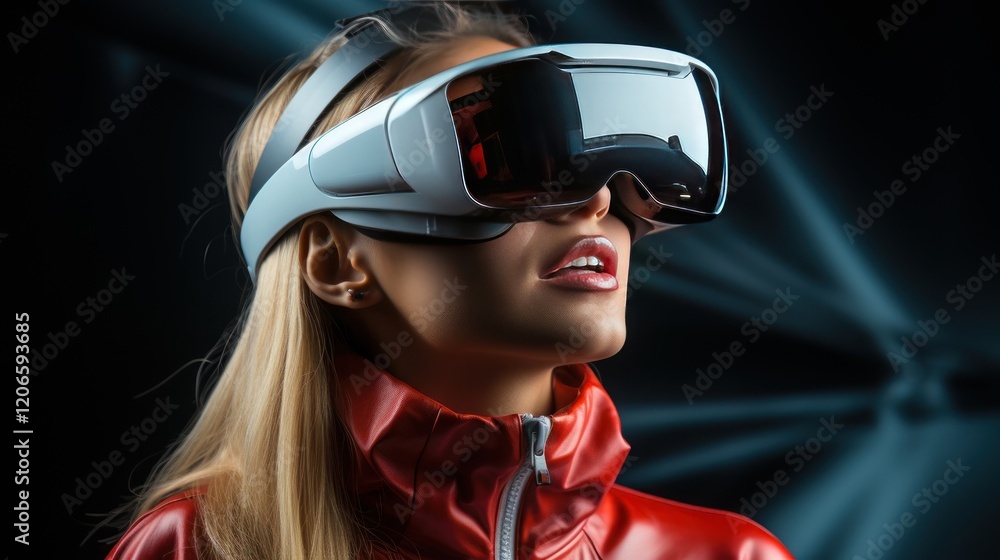 Futuristic Virtual Reality Experience, Young woman wearing virtual reality goggles. Future technology concept. Futuristic Virtual Reality Experience, Young woman wearing virtual reality goggles. Future technology concept.