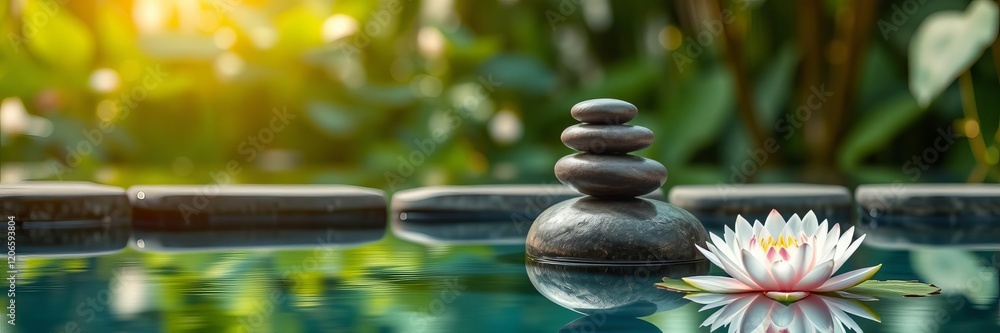 A tranquil spa still life featuring a water lily and zen stone floating in a serene pool, zen stone, spa, pool A tranquil spa still life featuring a water lily and zen stone floating in a serene pool, zen stone, spa, pool