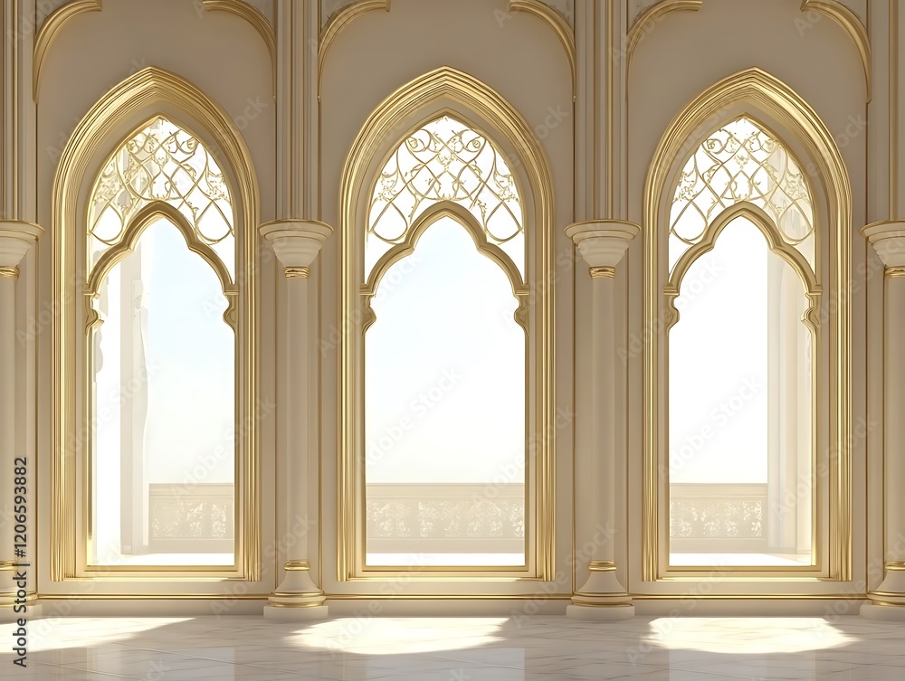 Elegant Palace Interior With Golden Arch Windows Elegant Palace Interior With Golden Arch Windows