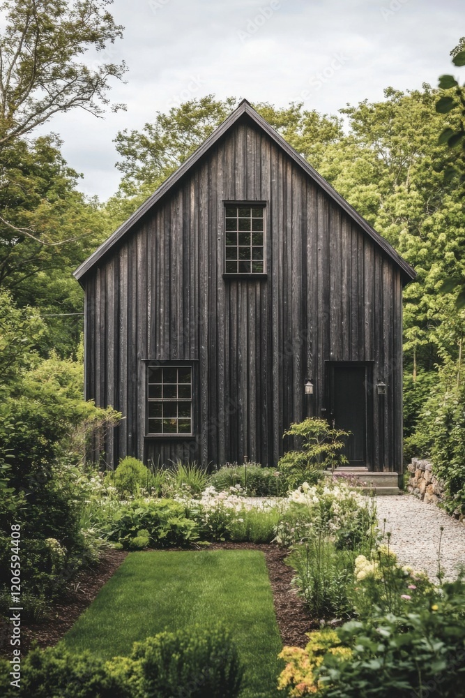Nestled amid vibrant, lush greenery, this charming wooden cottage exudes warmth and tranquility, set within a serene garden backdrop on a cloudy day Nestled amid vibrant, lush greenery, this charming wooden cottage exudes warmth and tranquility, set within a serene garden backdrop on a cloudy day