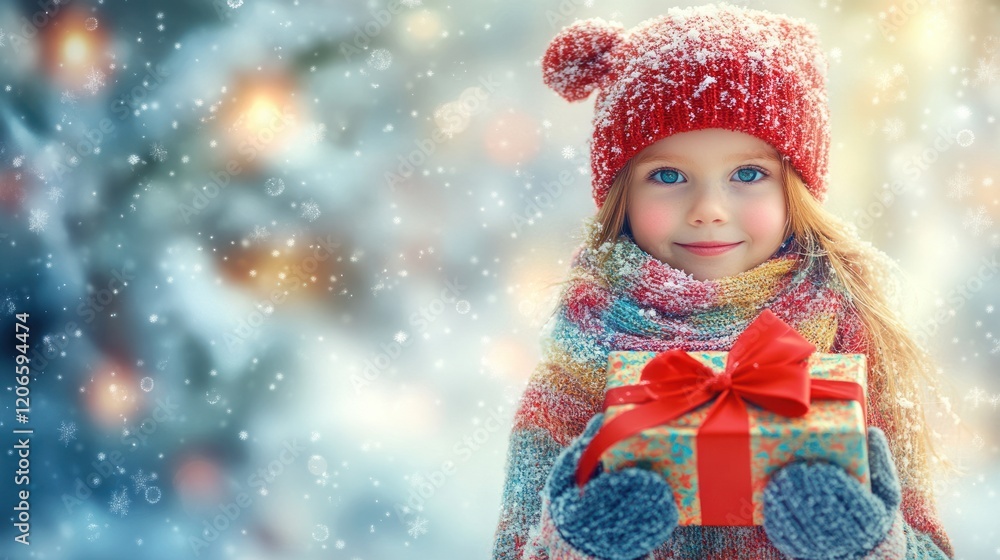 A joyful young girl wearing a colorful scarf and mittens, holding a large gift with a bright red ribbon, surrounded by a magical winter wonderland of snow-covered trees and twinkling lights. A joyful young girl wearing a colorful scarf and mittens, holding a large gift with a bright red ribbon, surrounded by a magical winter wonderland of snow-covered trees and twinkling lights.