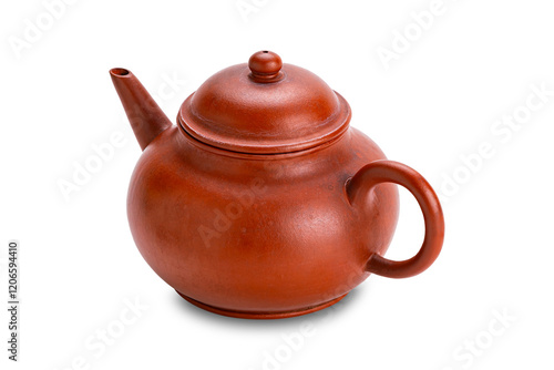 High angle view of the old clay red chinese teapot isolated on white background with clipping path. photo