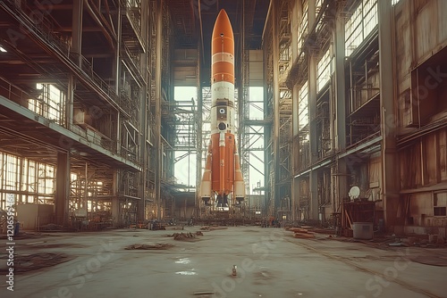 Giant rocket in derelict hangar.