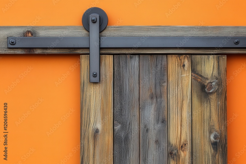 Rustic wooden sliding barn door with black metal hardware against an orange wall. Perfect for interior design, home improvement, or rustic themed projects. Rustic wooden sliding barn door with black metal hardware against an orange wall. Perfect for interior design, home improvement, or rustic themed projects.