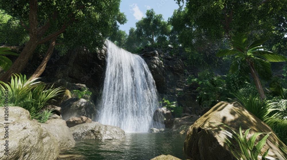 Obraz premium Serene Waterfall in a Lush Tropical Forest