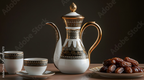 Traditional Arabic dallah with coffee cups and dates, a centerpiece for Ramadan hospitality. photo