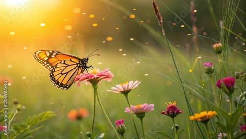 Monarch Butterfly Fluttering Through Colorful Wildflowers at Sunrise