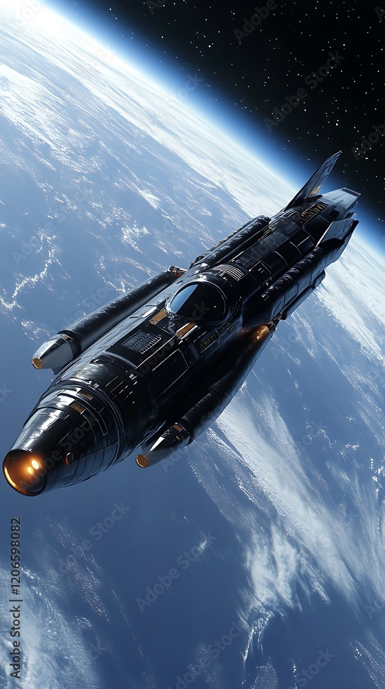 Obraz premium A futuristic spacecraft in orbit above Earth.