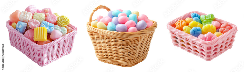 Naklejka premium Colorful Candy and Easter Egg Baskets on Transparent Background