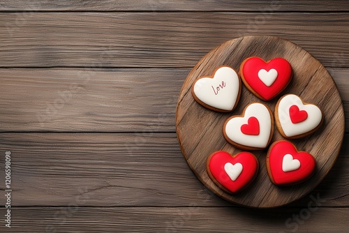 Rustic Valentine's Day concept. Colorful heart-shaped cookies arranged on a wooden platter, perfect for celebrations and special occasions. photo