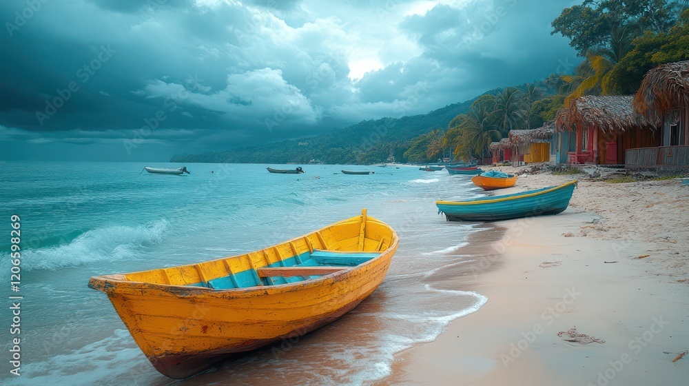 Tropical Beachscape: Colorful Boats Under Dramatic Sky Tropical Beachscape: Colorful Boats Under Dramatic Sky