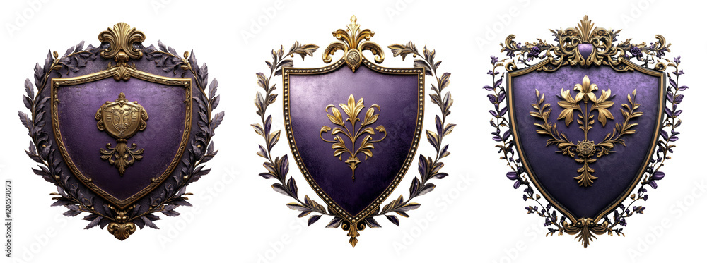 Elegant Decorative Shields with Purple Background Isolated Design Elegant Decorative Shields with Purple Background Isolated Design