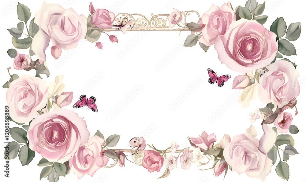 A rectangular white frame with pink roses and butterflies on a white background in the watercolor style, Generative AI A rectangular white frame with pink roses and butterflies on a white background in the watercolor style, Generative AI