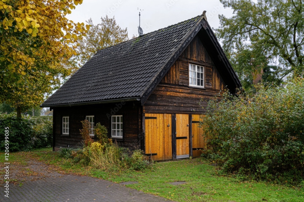 Traditional wooden house surrounded by lush greenery and autumn trees in a peaceful countryside setting during a cloudy day Traditional wooden house surrounded by lush greenery and autumn trees in a peaceful countryside setting during a cloudy day