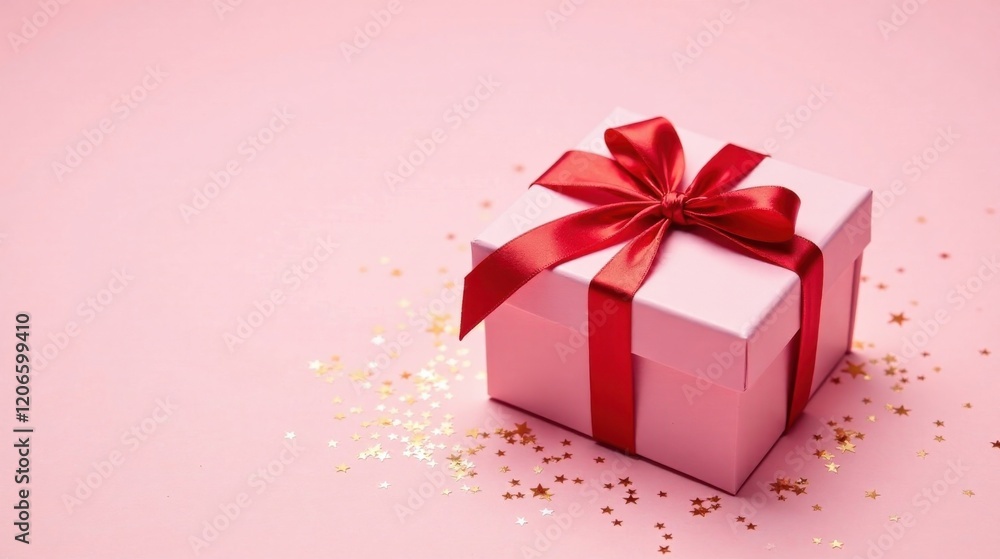 A Pink Gift Box with a Red Ribbon and Gold Star Confetti on a Pink Background A Pink Gift Box with a Red Ribbon and Gold Star Confetti on a Pink Background