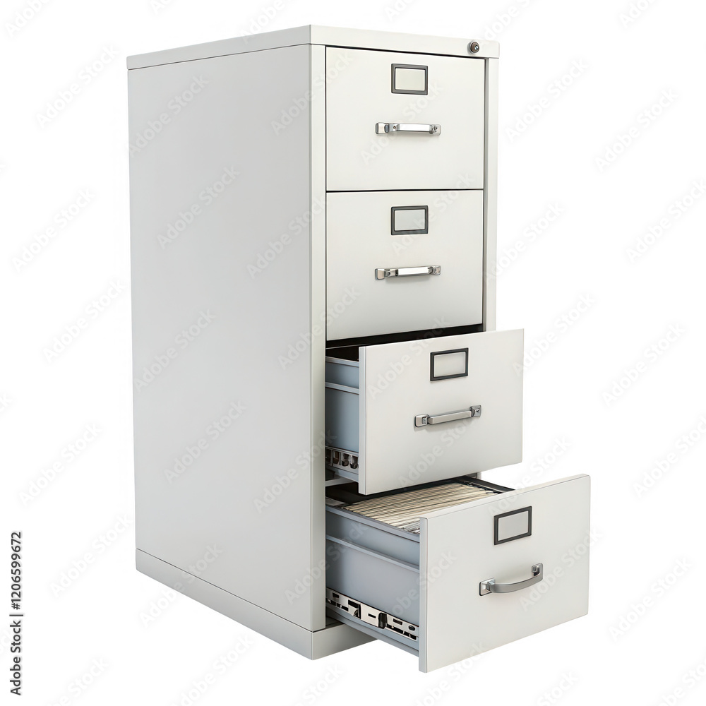 Metal Four-Drawer Filing Cabinet Displaying Open Drawer with File Folders Metal Four-Drawer Filing Cabinet Displaying Open Drawer with File Folders
