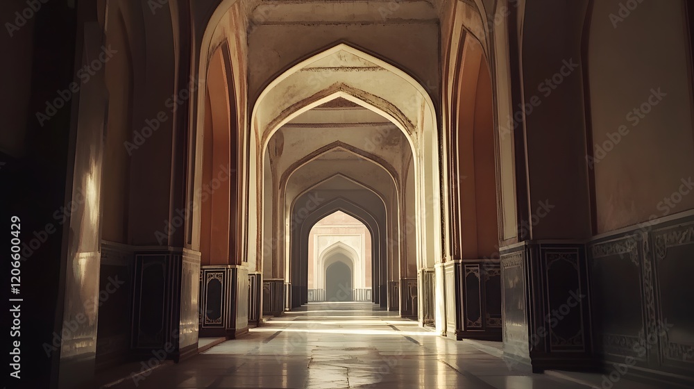 Fototapeta premium Sunlit Corridor With Ancient Architectural Arches