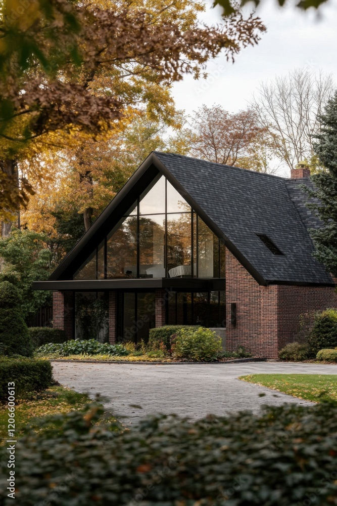 Modern house with large glass windows surrounded by colorful autumn trees in a tranquil neighborhood during late afternoon Modern house with large glass windows surrounded by colorful autumn trees in a tranquil neighborhood during late afternoon